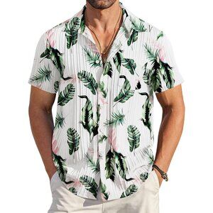 Men's White Casual Button Down Shirts Short Sleeve Textured Summer Beach Shirt